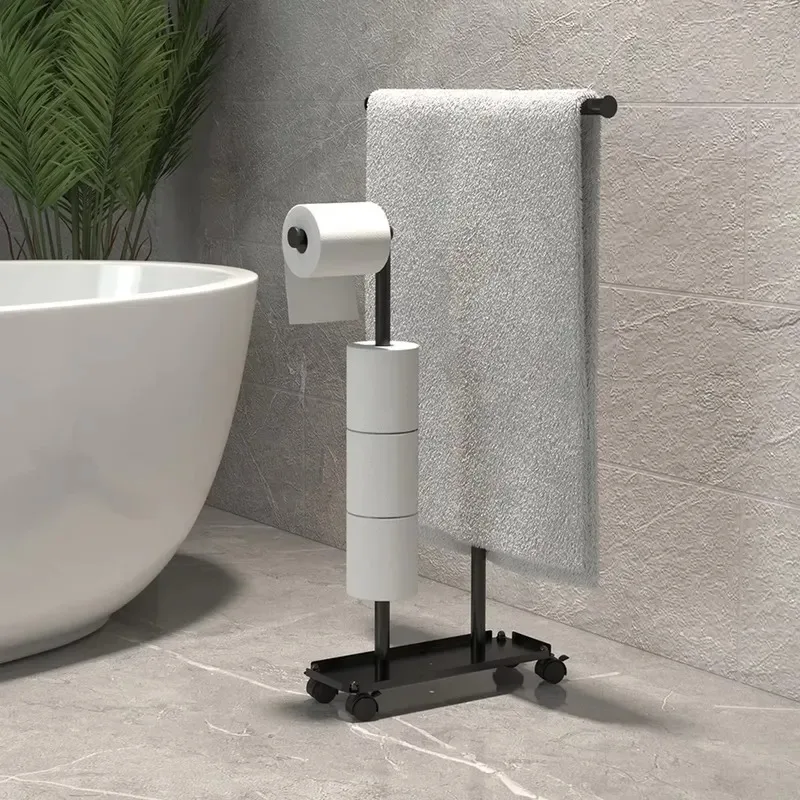 Floor to Ceiling Metal Towel Rail with Wheels Double Layer Modern Design Multifunctional Bathroom Storage Rack