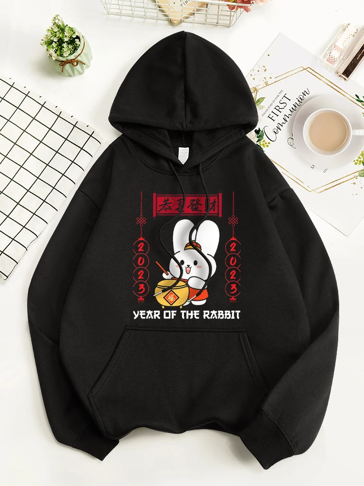 

2023 Year Of The Rabbit Make A Fortune Cotton Women Hoodies Sports Pocket Streetwear Autumn Warm Sweatwear Fashion Streetwear