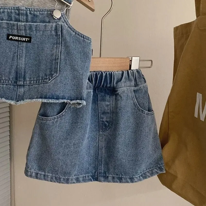Children's Sets Baby Clothes Summer Thin Fashion Korean Strapped Denim Jumper Separates 3-Piece Set Baby Summer