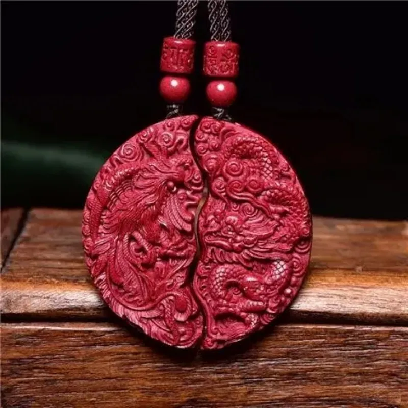 

Natural, cinnabar, men and women, dragon and phoenix, necklace