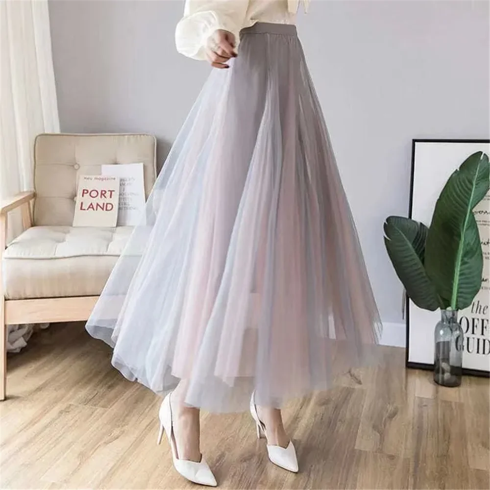 

Y2K Summer Elegant Korean A-Line Office Ladies Skirt Vintage Tulle Skirt Women Streetwear Elastic High Waist Mesh Pleated Skirts