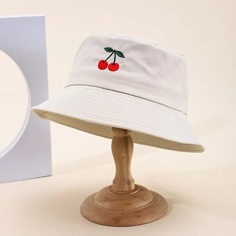 Women's Cherry-Embroidered Bucket Hat—Sun-Protective, Versatile, and Designed to Make the Face Look Smaller.