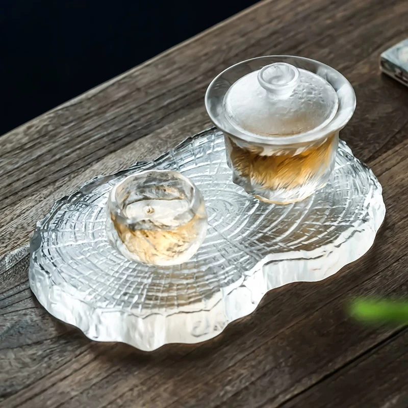 Glazed Ice Firing Tea Tray Japanese Style Mini Tea Table Annual Ring Serving Plate Kung Fu Teaware Tray Modern Tea Room Decor