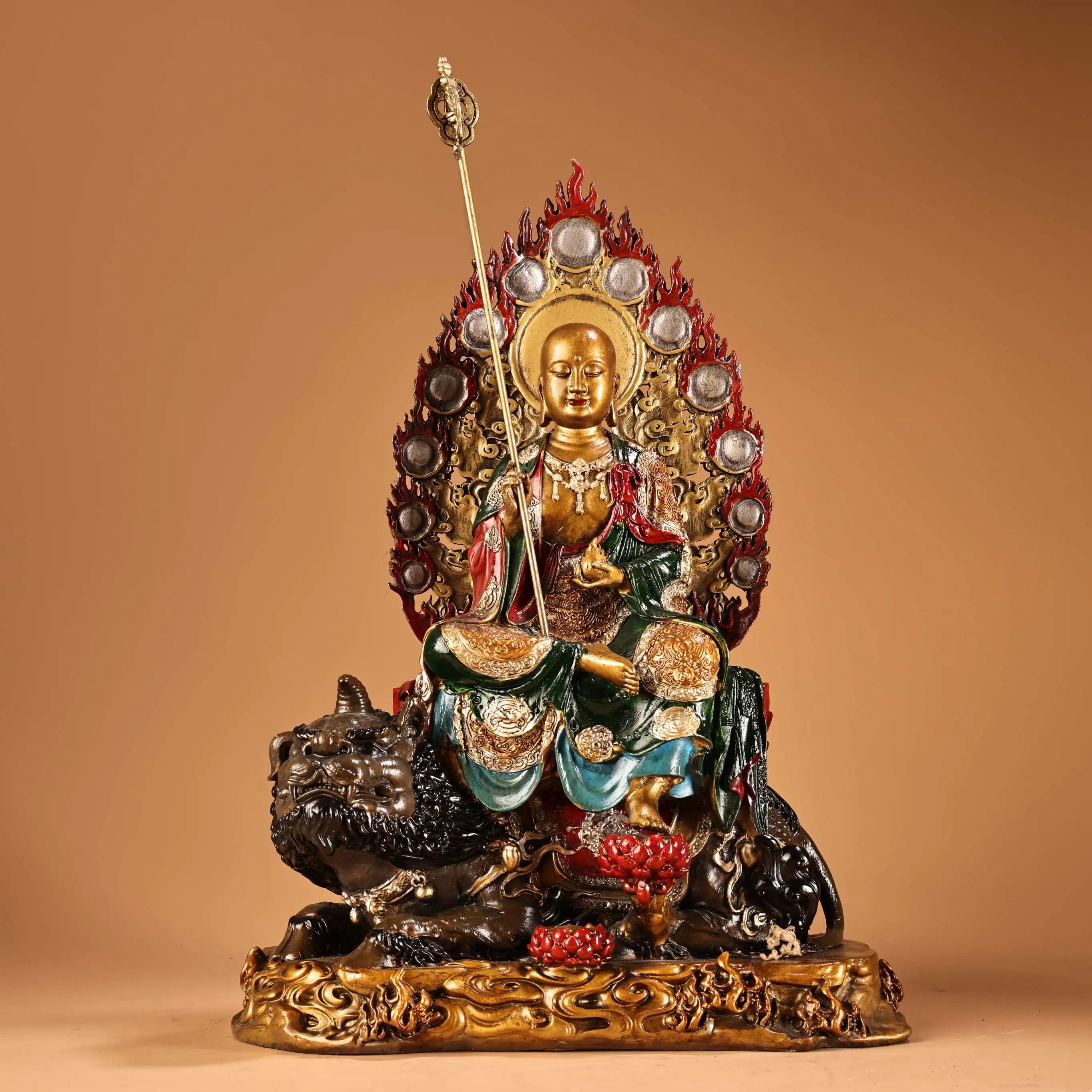 

14 "плотная старая бронза, окрашенная киноварь, позолоченная, высокий рельеф, Кsitigarbha Бодхисаттва Будда, крепление с подсветкой, Амитабха, зал поклонения