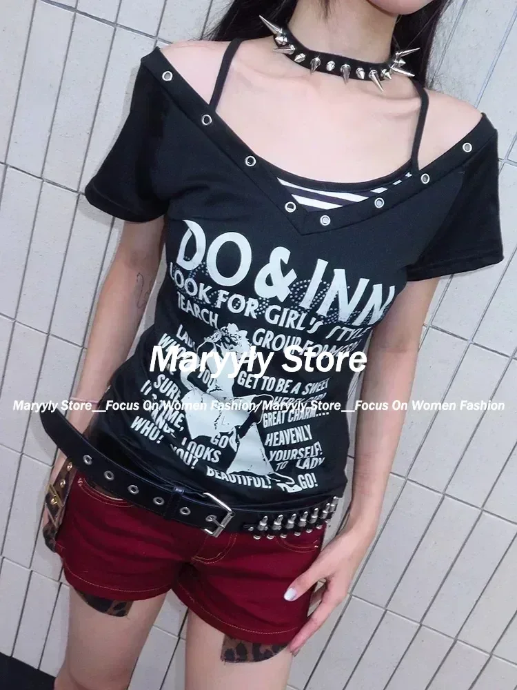 2024 Summer Y2k Aesthetic Tops Two Pieces Set Women Harajuku Fairy Cropped Letter Printing V Neck T Shirts + Stripe Grunge Vest