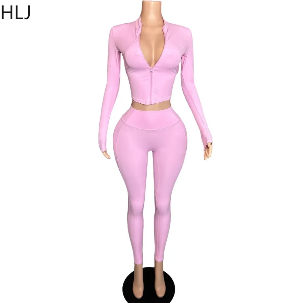 HLJ Quality Casual Sporty Two Piece Sets Women Zipper Long Sleeve Slim Top And Legging Pants Tracksuits Female Stretchy Outfits