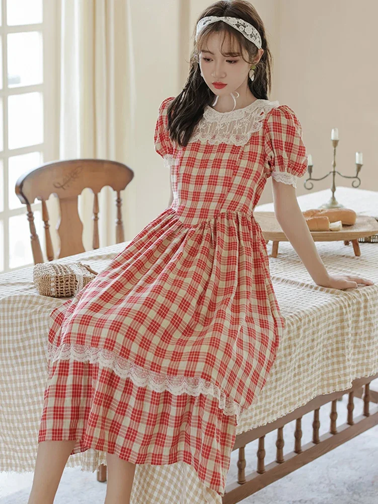 2025 Korean Fashion Casual Holiday Dresses Summer Red Plaid Puff Sleeve Chic Lace Casual Dress Women Elegant Bodycon Prom Dress