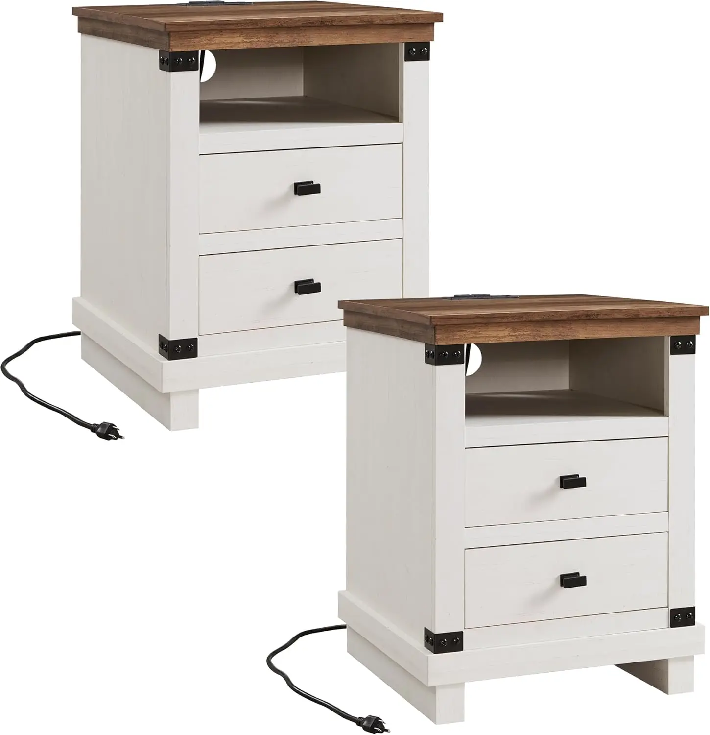 

Farmhouse Nightstand Set of 2 with Charging Station, 18" Rustic Night Stand with 2 Storage Drawers, Wood End Table for Bedroom