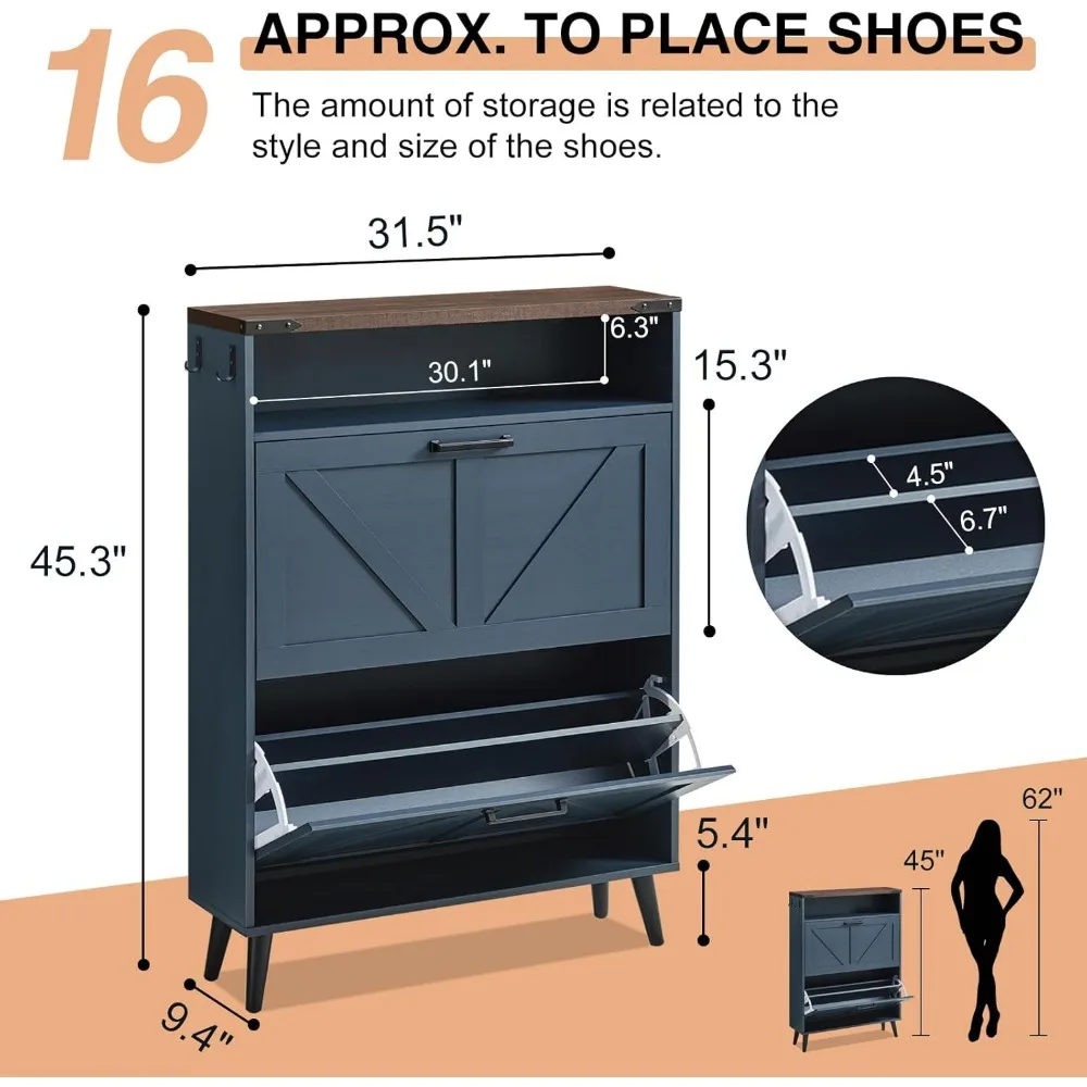 Gabinete de almacenamiento de zapatos, organizador de zapatos con 2 cajones abatibles y diseño de puerta de granero, gabinete de zapatero independiente con almacenamiento abierto