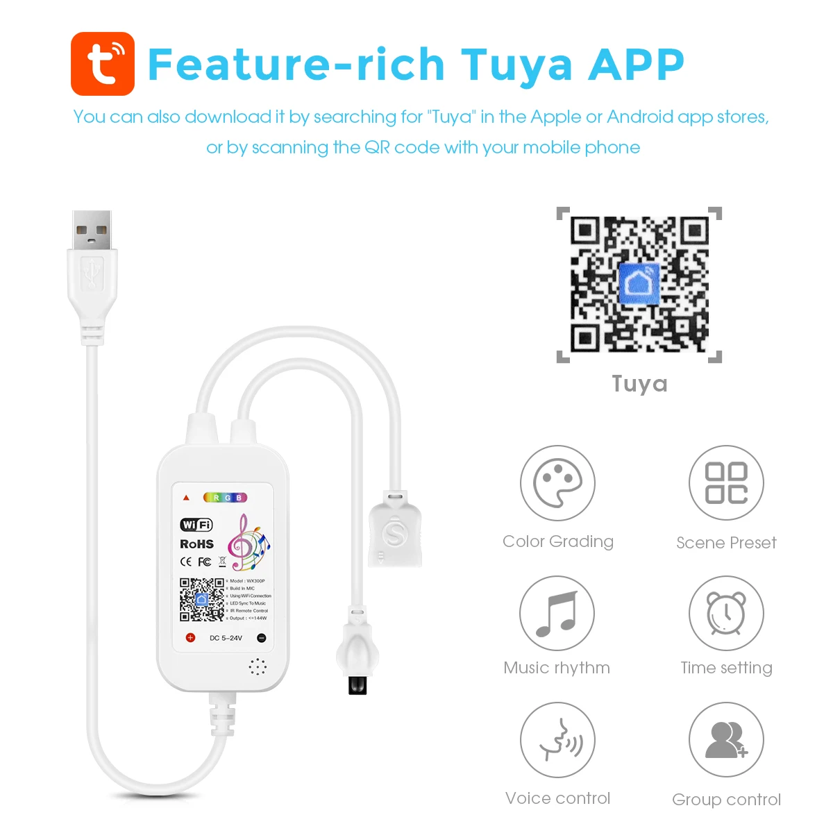 5V USB Tuya APP Wifi RGB LED Controller and Remote control Work With Alexa/Google home For 5V 4 Pin RGB LED Strip/RGB Neon Strip