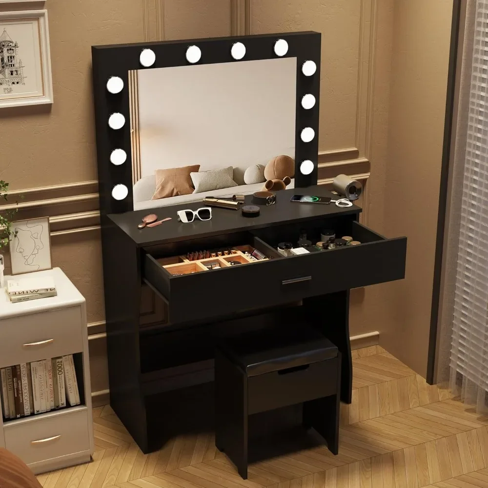 Makeup Vanity Set with Light Mirror and Charging Station, Adjustable Brightness in 3 Lighting Modes, and Soft Cushioned Chair