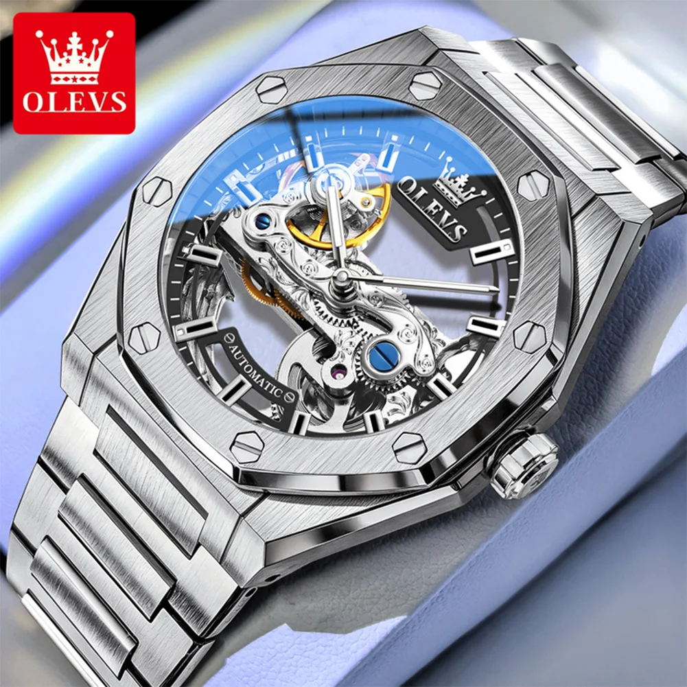 OLEVS Fully Transparent Hollow Automatic Mechanical Man Watch Stainless Steel Top Luxury Brand Original Watches for Men New 6742