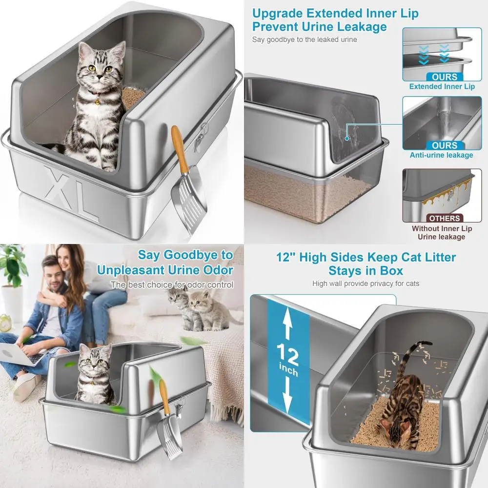 

Extra Large Stainless Steel Cat Litter Box with Lid for Big Cats - Deep Metal Litter Box XL High Sides
