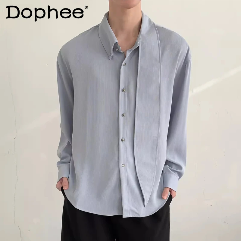 

Men's Women's 2026 Spring New Solid Color Long-sleeve Stand Collar Shirts Trendy Comfort Tops Handsome Ribbon Long-sleeve Shirts