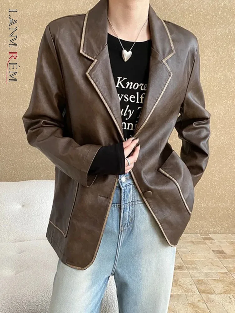 LANMREM Vintage Leather Women's Coat Notched Collar Full Sleeves Single Breasted Solid Color Jackets 2024 Autumn New 2VV343