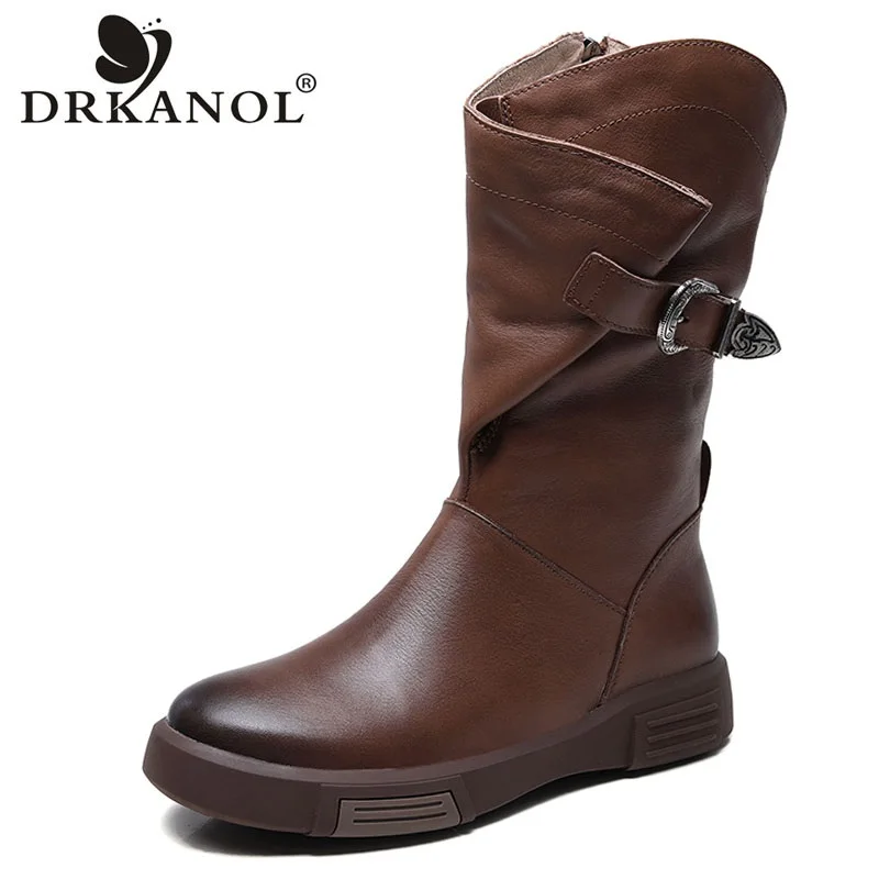 

DRKANOL 2024 Luxury Design Genuine Cow Leather Mid-Calf Boots Women Flat Side Zipper Round Toe Autumn Winter Warm Knight Boots