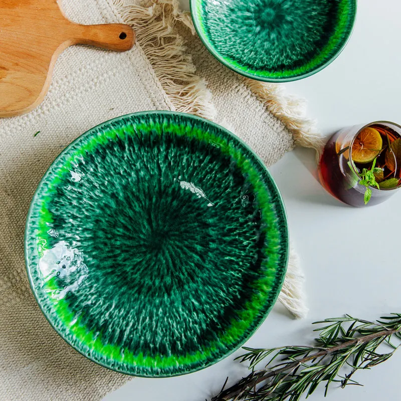 High bowl household Japanese ceramic green glazed high table bowl exquisite tableware