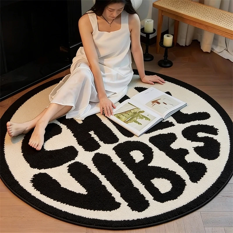Monochrome Letter Round Flocked Rug Thick Shaggy Floor Mat For Bedside Gaming Chair Office Dorm Cozy Gift For Teens And Kids