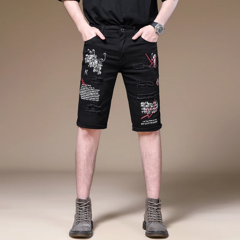 Black Shorts Men's Motorcycle Street Tide Brand Personality Embroidered Printed Middle Pants Slim Fit Five Points Bermuda Shorts