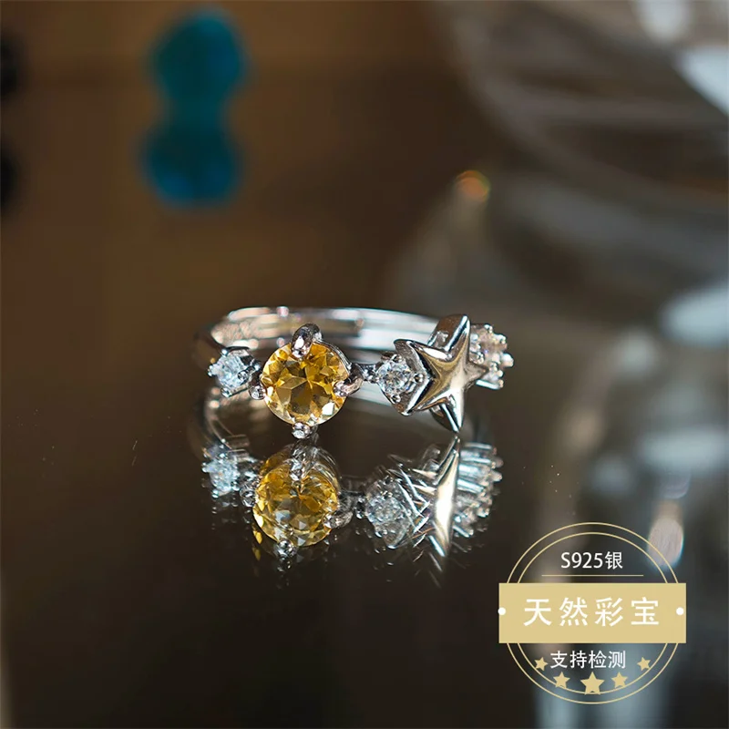 

Natural Citine Wedding Ring for Women 925 Sterling Silver Adjustable Size Ring Jewelry Gift Elegant Christmas Birthday