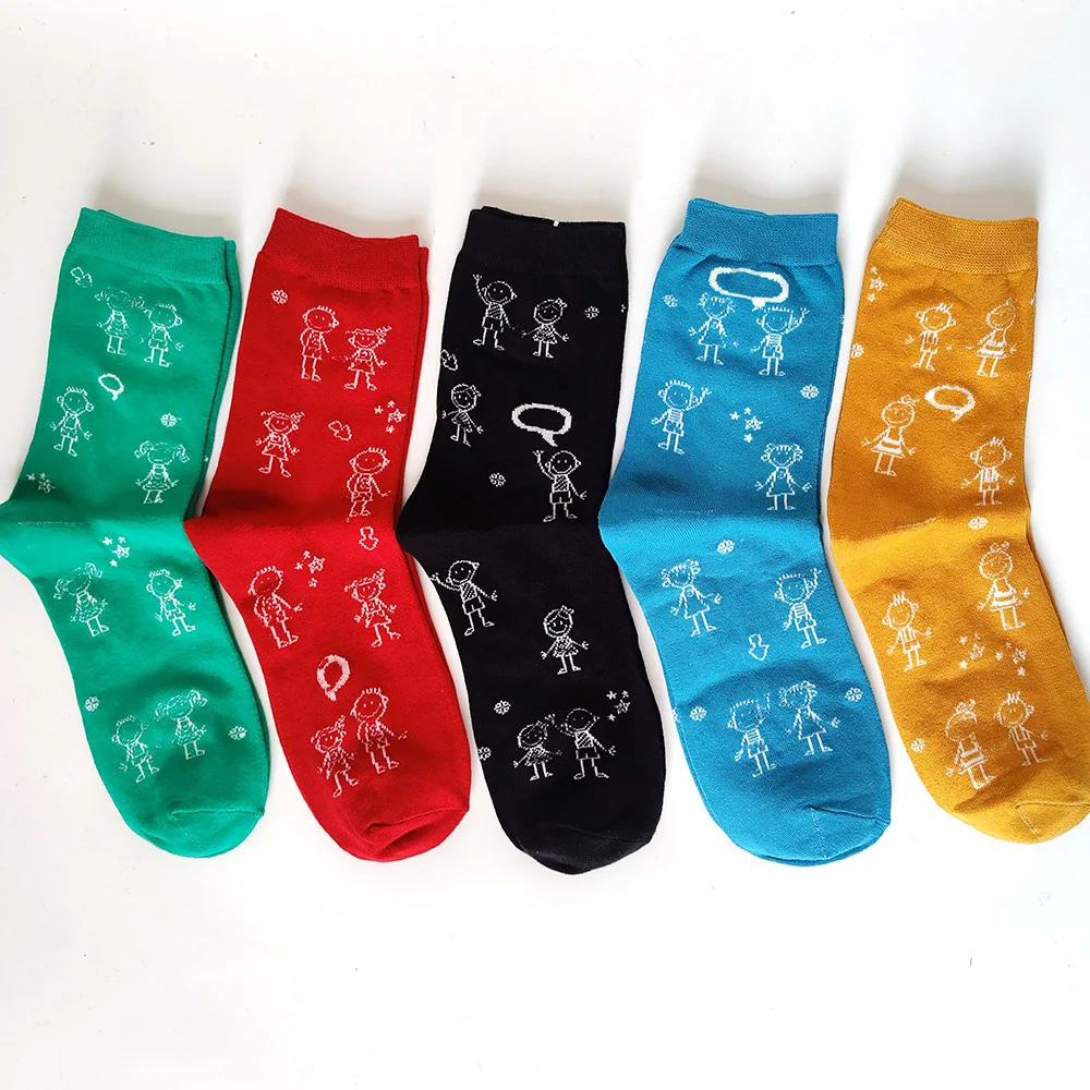 

5 Pairs/Pack Women Socks Couple Simple Strokes Funny Happy Novelty Crew Casual 5 Colors Combed Cotton Socks for Girl