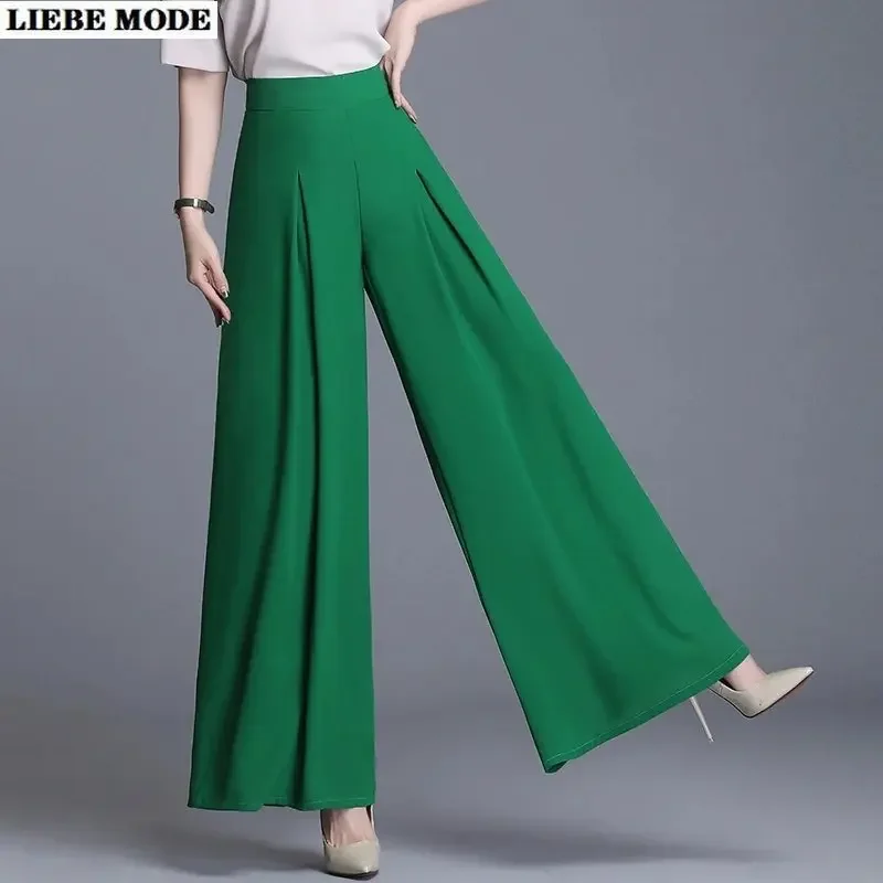 

Ladies High Waist Chiffon Wide Leg Pants Women 2023 Summer Korean Pleated Loose Black Green Red Pink White Pants Long Trousers