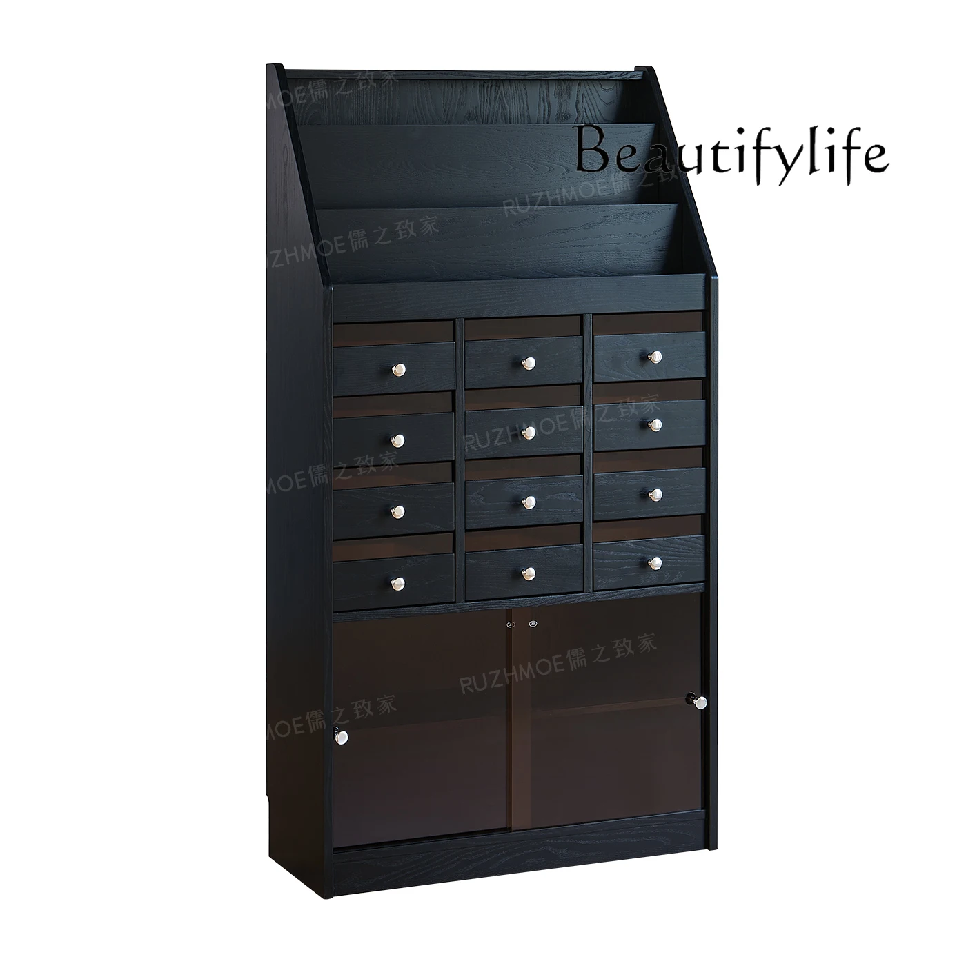 

Black retro solid wood magazine cabinet living room multi-lattice drawer storage cabinet solid wood French vertical cabinet