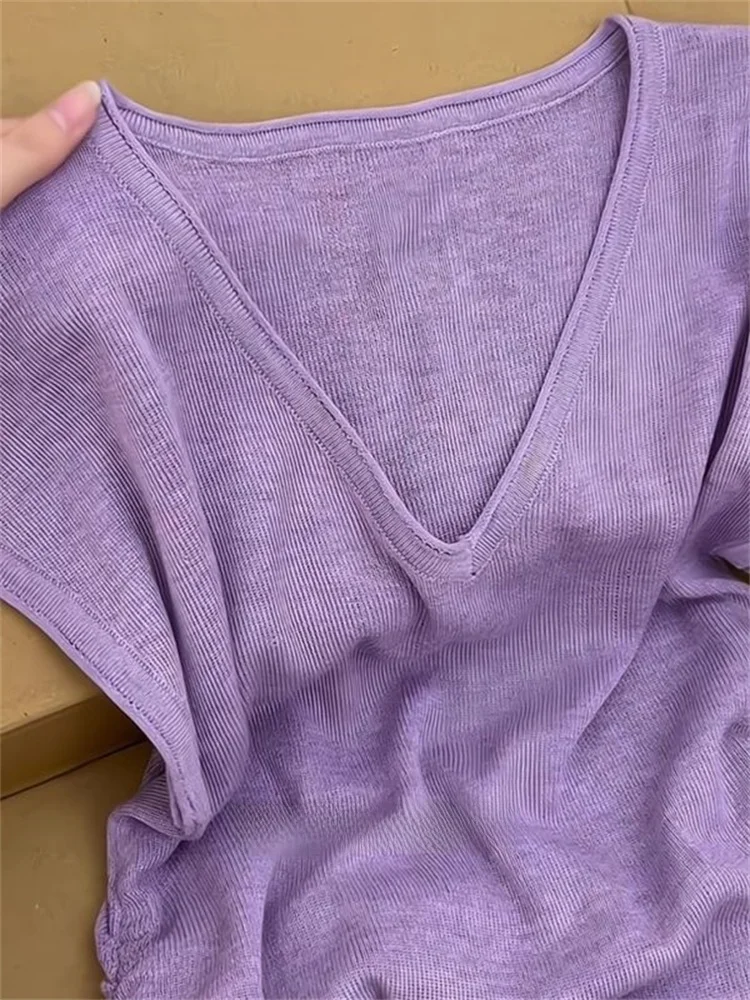 Versátil malha ort sve v-ne camiseta masculina puro desejo casual sle coreano faion verão topo umidade ng