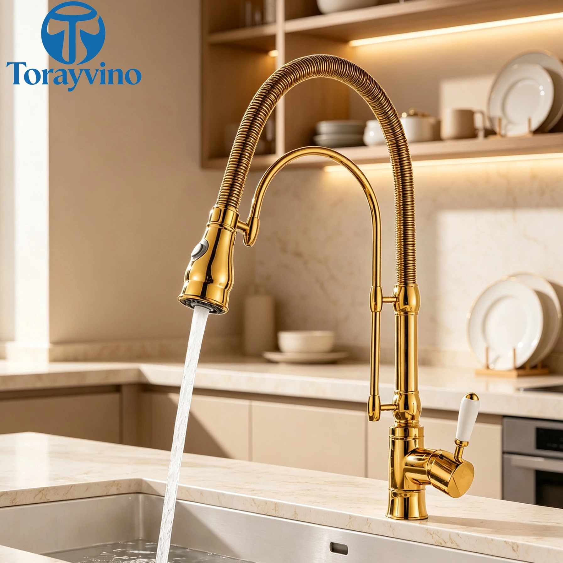Torayvino Luxury Golden Brass Kitchen Sink Faucet Black 360 Rotate Pull Out Faucets Hot and Cold Swivel Retractable Mixer Tap