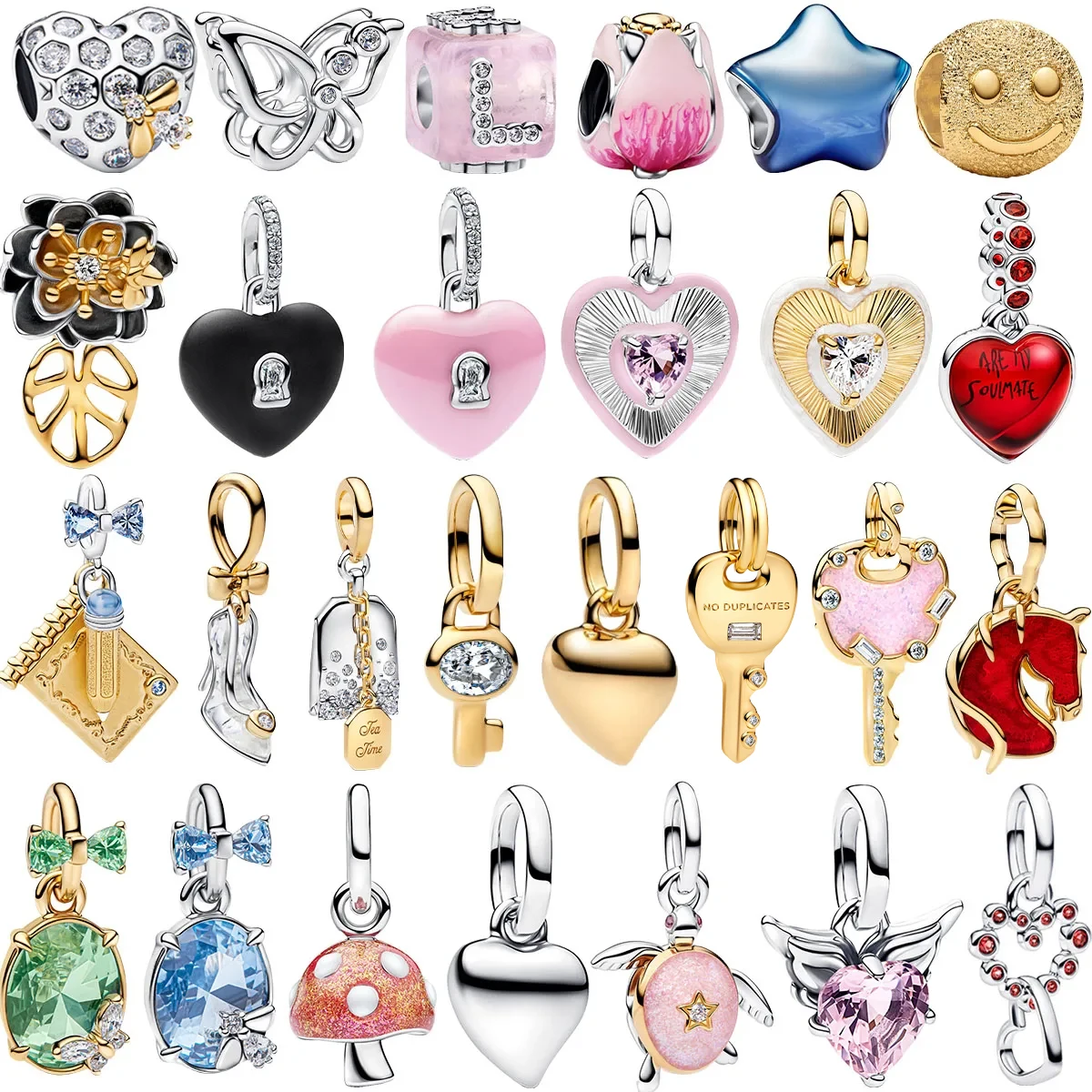 

New 925 Sterling Silver Charms Colorful Heart Bee Flower key Lock Mushroom Beads Bracelets Necklaces Womens DIY Jewelry Gift