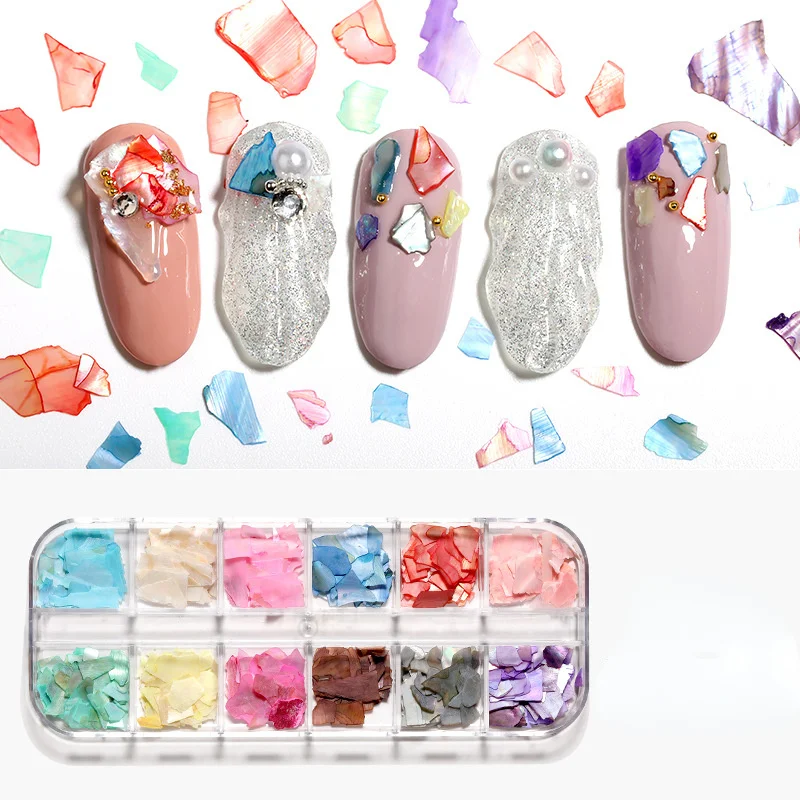 Piezas de concha para decoración de uñas, mezcla de 12 colores, fragmentos de abulón ultrafinos en caja, calcomanías de piedra de concha, herramientas profesionales para decoración de uñas