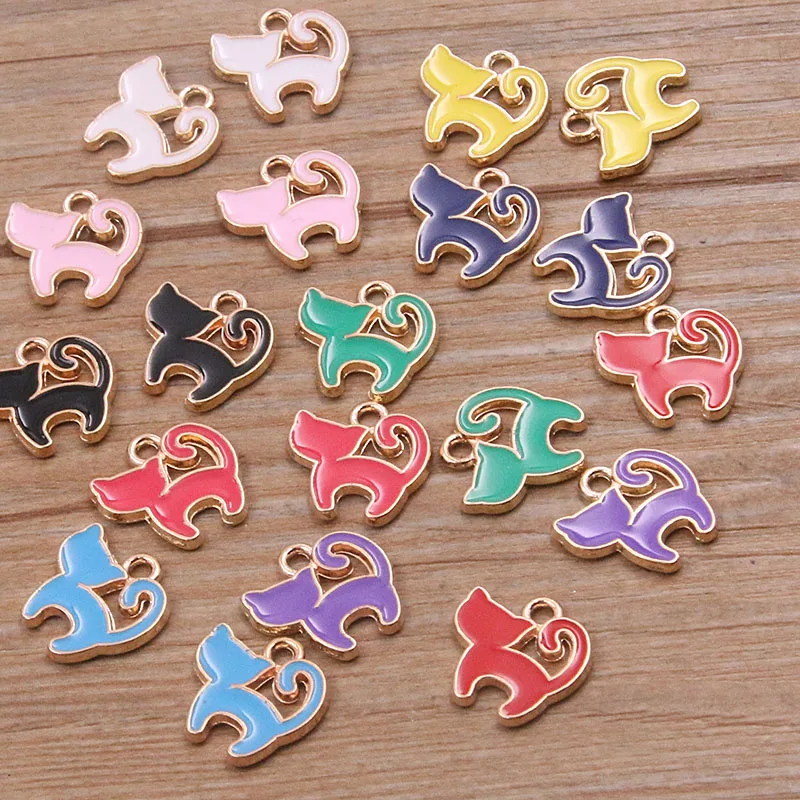 30pcs/Lot 13*13mm 10Color Cute Enamel Cartoon Cat Pendants For Necklaces Earrings Girl Charms Jewelry Making Findings