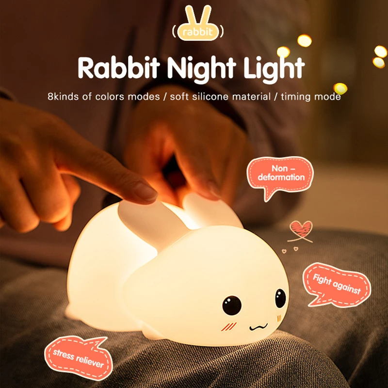 Cute rabbit silicone nightlight children\'s room decoration with cartoon animal lamp for boys and girls birthday gift