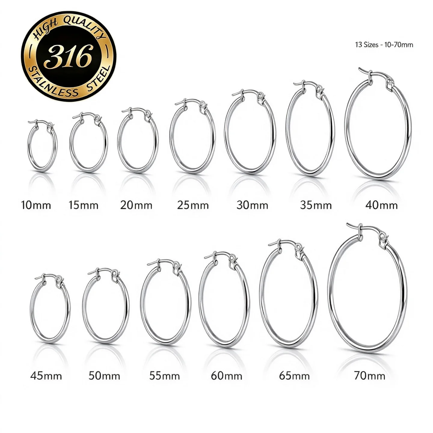 1Pair 10-70mm Round Hoop Earrings Stainless Steel Bold Plain Hoop Ear Buckles Unisex Versatile for Daily Wear