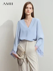 Amii Shirts for Women 2025 Fashion Long Sleeve V-neck Casual Loose Cuffs Lace Chiffon Blouses Ladies Elegant Shirts 12521015