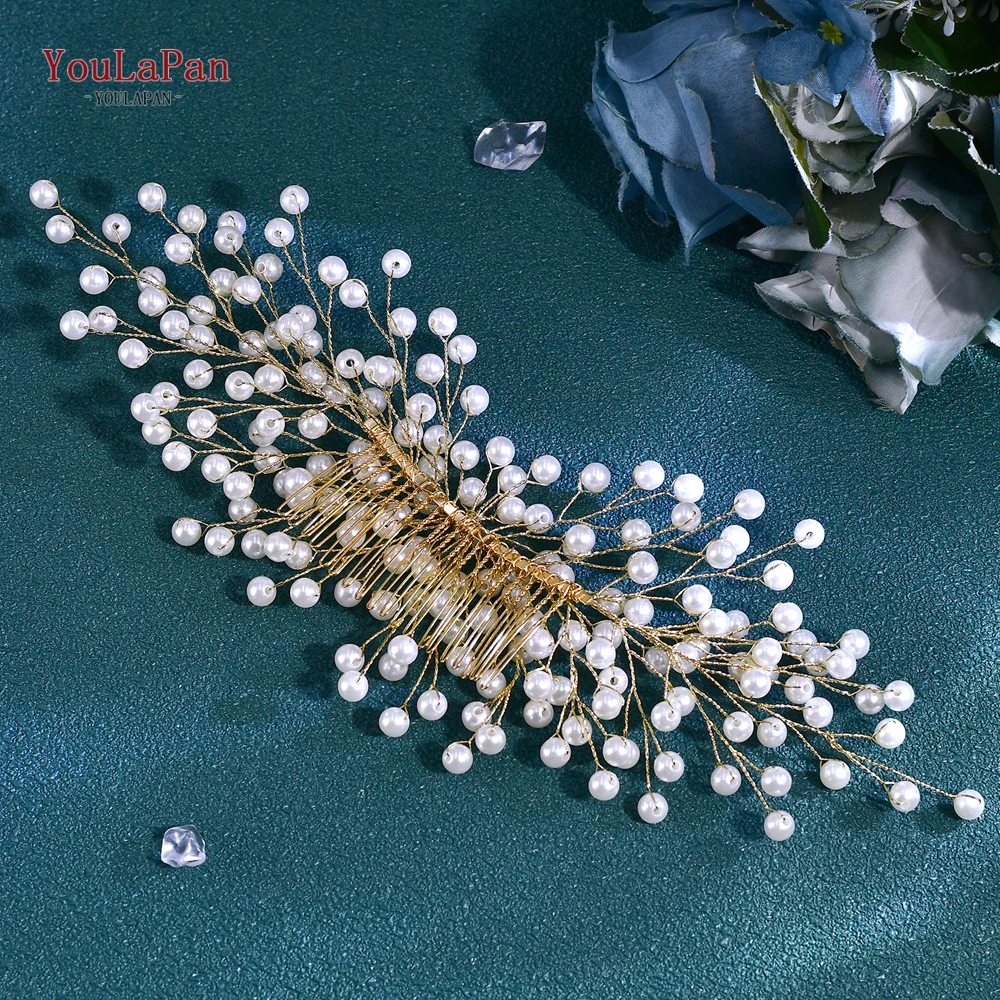 YouLaPan Bride Golden Color Headband Pearl Wedding Hair Accessories Women Headpieces Handmade Banquet Party Headdress HP754