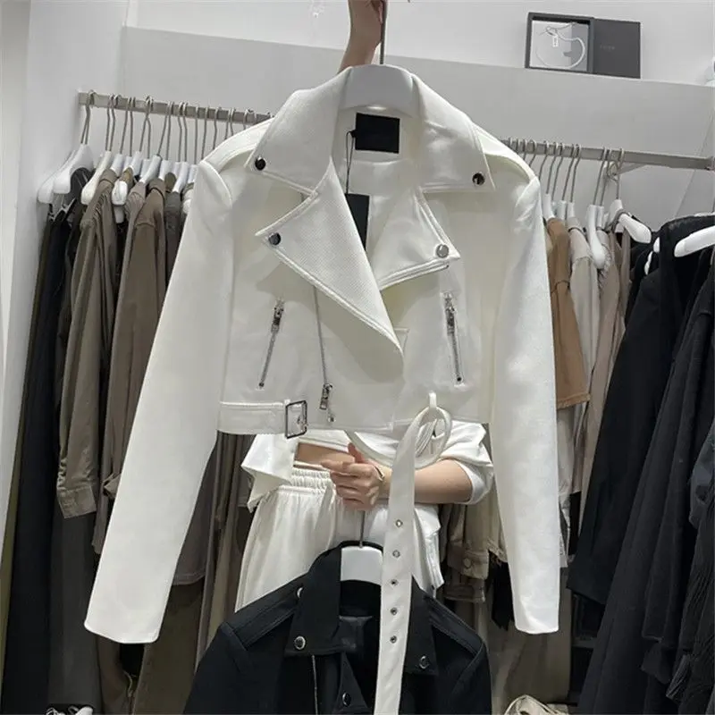 Chaqueta Corta de Motociclista para Mujer, Primavera-Otoño, Estilo Coreano, de Cuero, a la Moda, Blanca, Tops Mujer, Ropa Mujer, Roupas Femininas