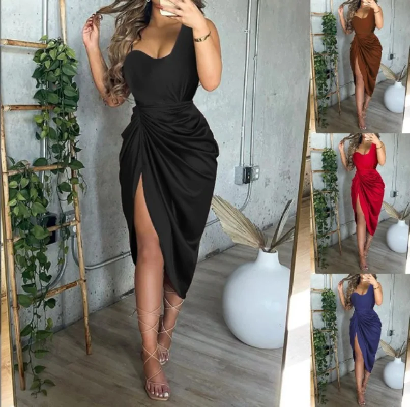 Women's Solid Color Sexy Split Dress Pleated Shoulder Evening Dress Women