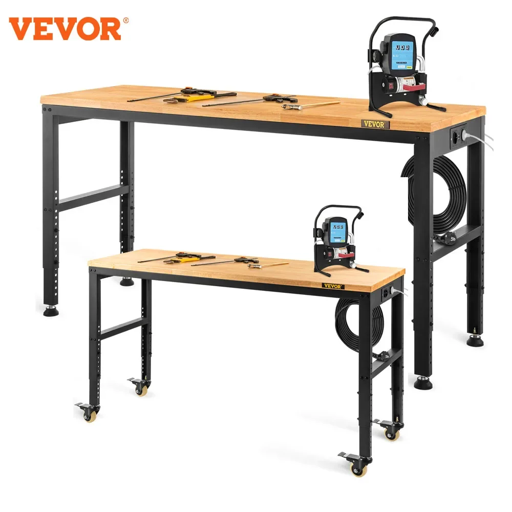 Vevor Heavy-Duty Workbench 72cm Adjustable Height Oak Wood Hardwood Top Work Table 900KG Load Capacity for Office Home Workshop