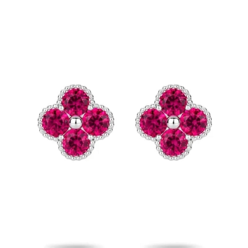 

BELLUX 925 Silver Synthetic Zircon Earrings Rose Red Gemstone Flower Full Diamond Fine Jewelry Earrings