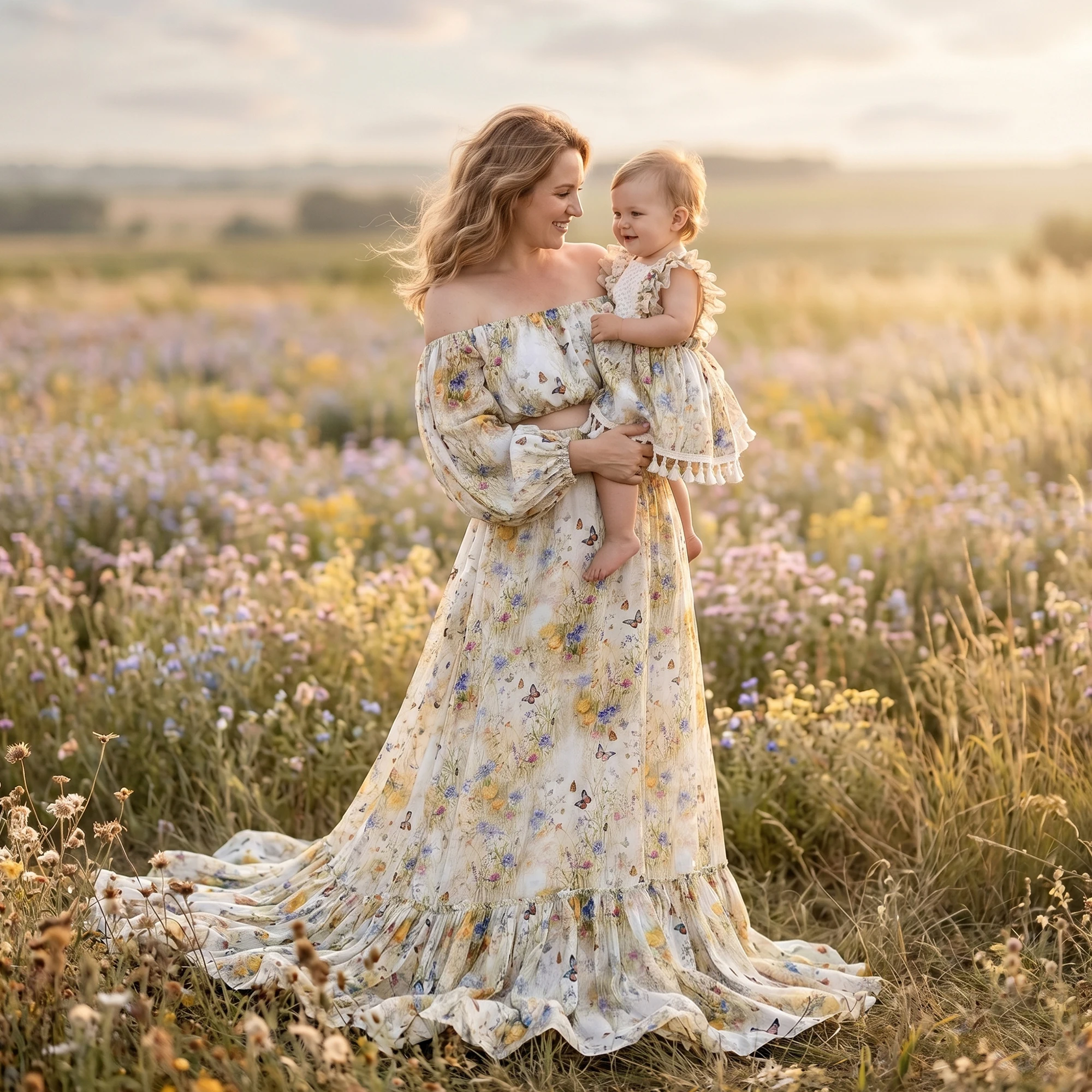 Don&Judy Ruffled Cap Sleeve Dress with Crochet Lace Panel Wildflower and Butterfly Print Tassel Trim Gown Photography Dress