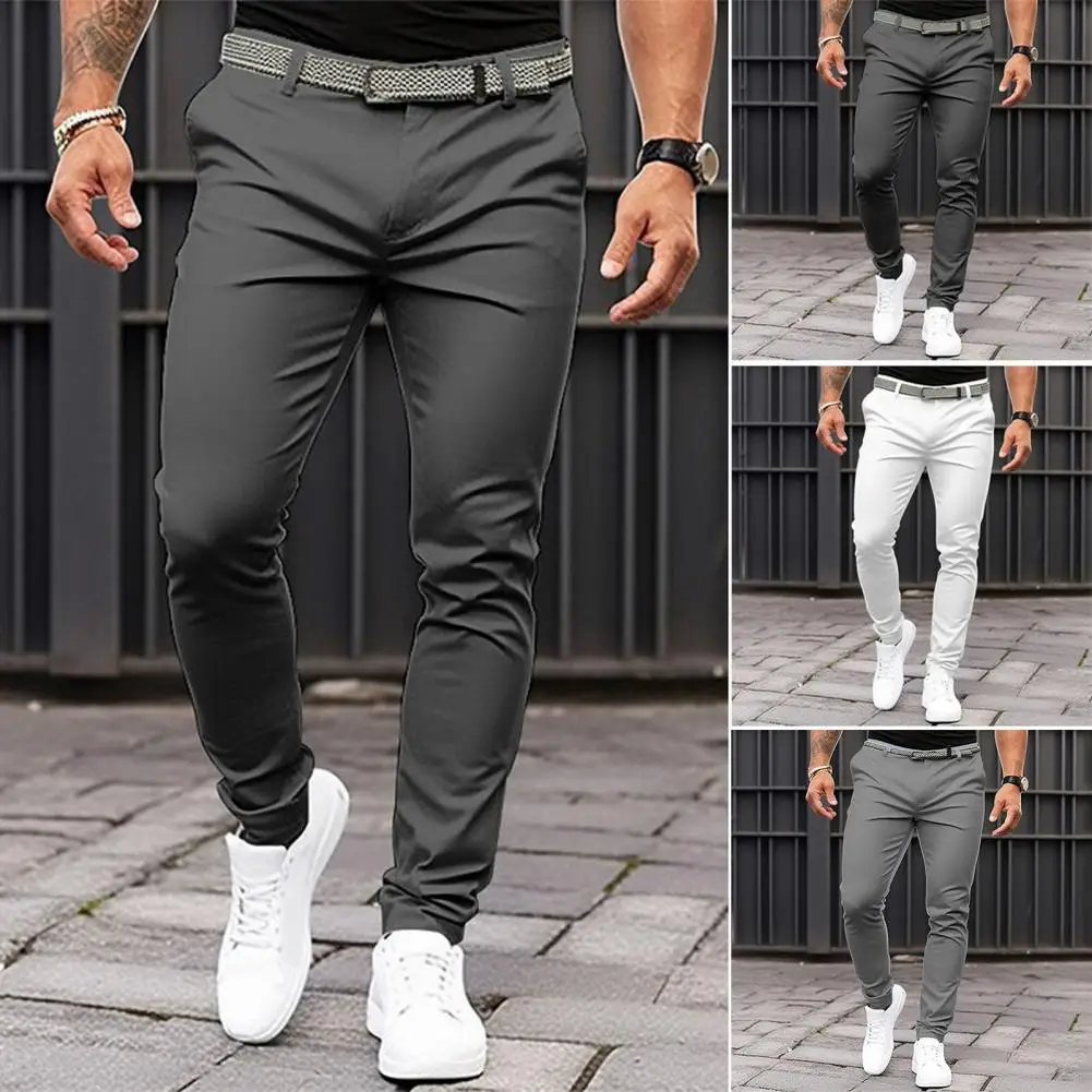 Solid Color Trousers Men's Slim Fit Business Office Trousers with Mid-rise Slant Pockets Zipper Fly Solid Color for Workwear