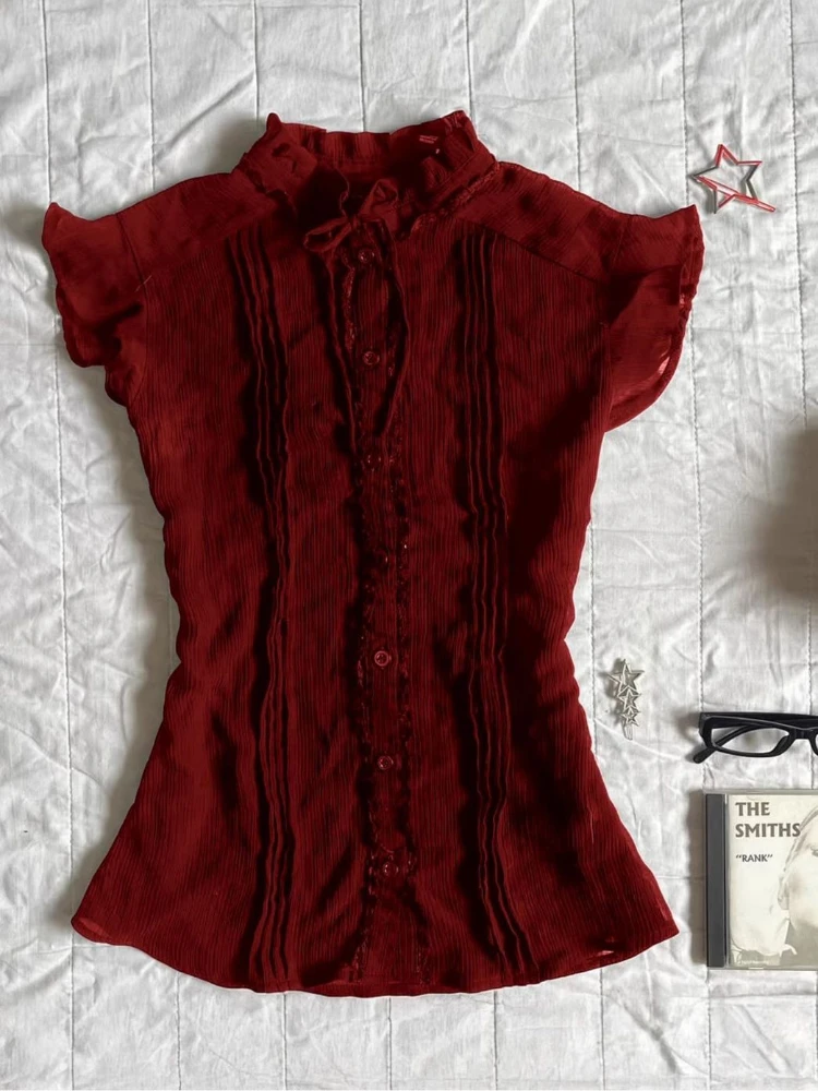 Camisetas informales Vintage de manga corta para mujer, Tops cortos con cordones coreanos elegantes de diseño Y2k, camisetas blancas elegantes y dulces a la moda