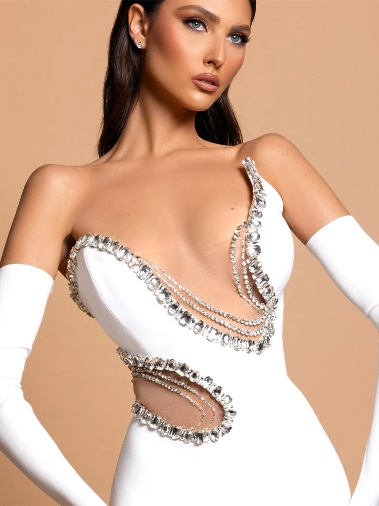 المرأة حورية البحر مثير الأبيض أكمام ضمادة فستان طويل شبكة عارية الذراعين حمالة الماس Bodycon حفلة سهرة فساتين الزفاف