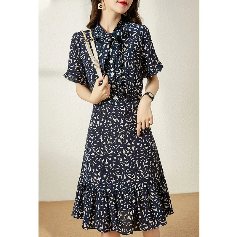 

2024 Summer Dress Women 100% Mulberry Silk Mid-Length Bow Lace Up Floral Dress Slim Elegant Dresses For Women Clothing Zm3314