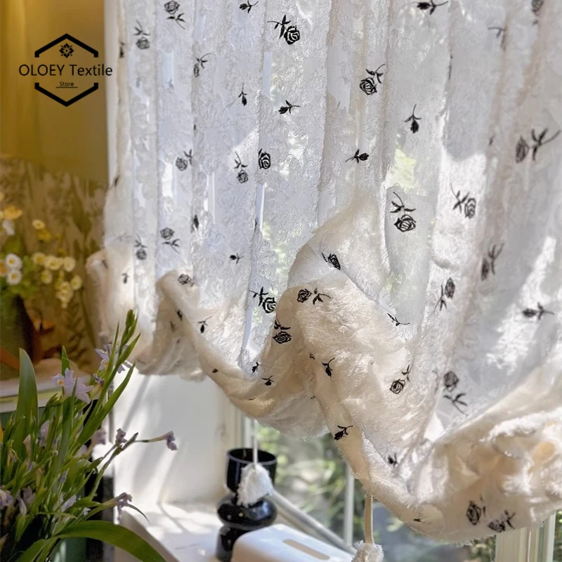 

French-style Vintage Black Rose Embroidery Velvetheer Sheer Curtains for Bedroom Living Room Bedroom High-end Pull-up Curtain