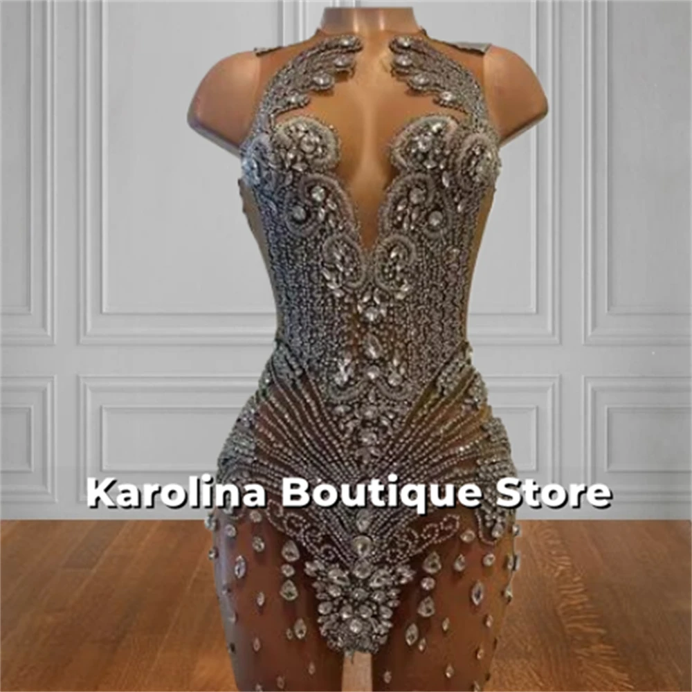 Ver através do pescoço strass curto sereia vestidos de baile cristal miçangas vestido cocktail africano para blackgirls especial personalizado