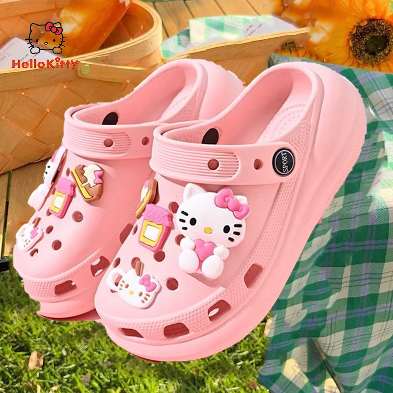 

Kawaii Hello Kitty's Cave Shoes, женские летние сандалии на толстом каблуке, повседневные тапочки Kuromi Cinnamoroll, сандалии для девочек и мальчиков, подарок