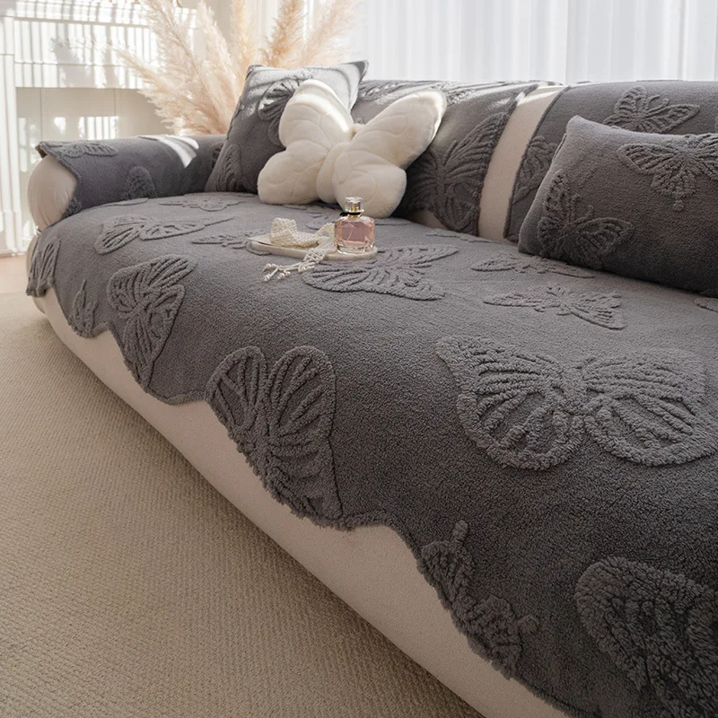 Thick Butterfly Jacquard Irregular Sofa Cover Retro Solid Color Anti-Slip Couch Slipcover Easy-Care Cloth Towel for Living Room
