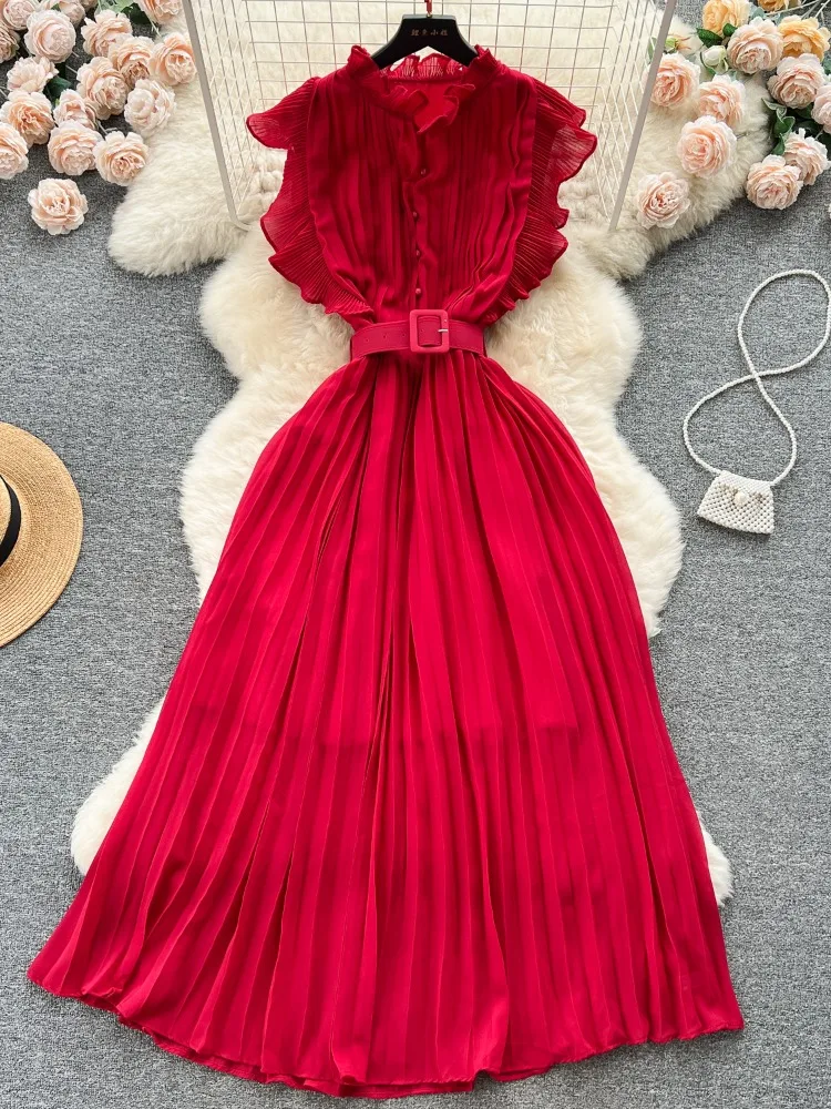 Hikigawa Chic Fashion Women Vintage Elegant Chiffon Dresses Summer Solid Belted Slim Waist Flying Sleeve Pleated Vestidos Mujer